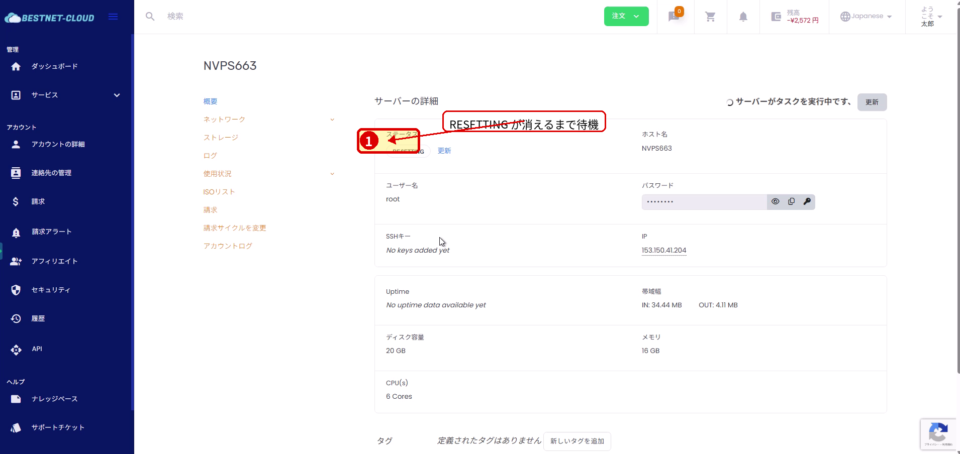 サービス詳細画面でサーバーがRESETTING状態になっている画面